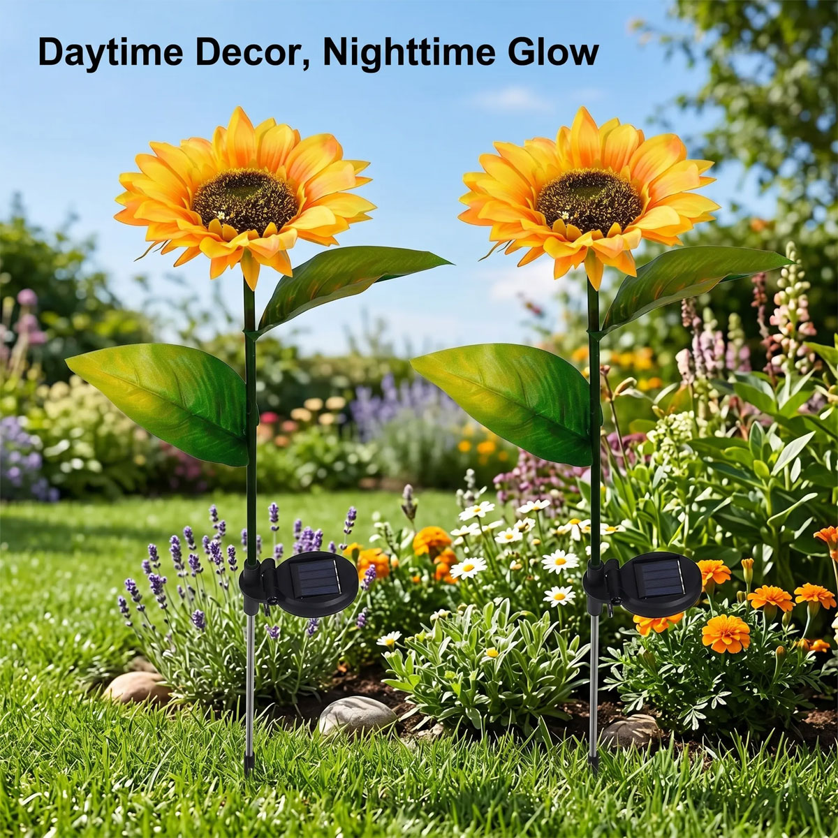 Close-up of warm and cosy sunflower garden lighting