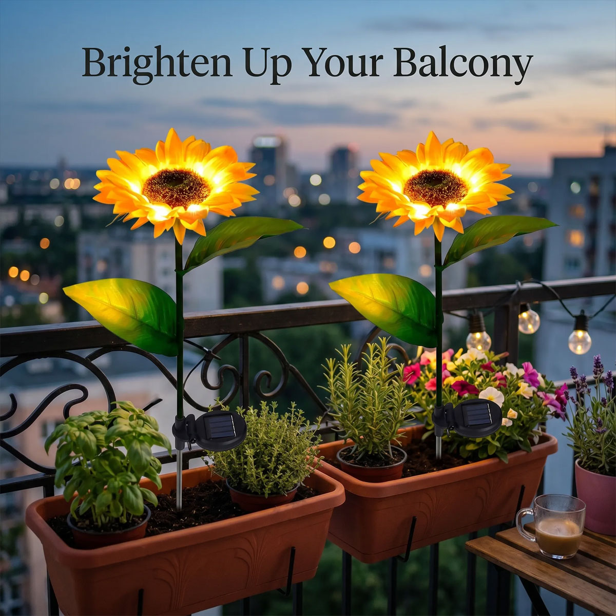 Sunflower lights along a fairy-tale garden fence line