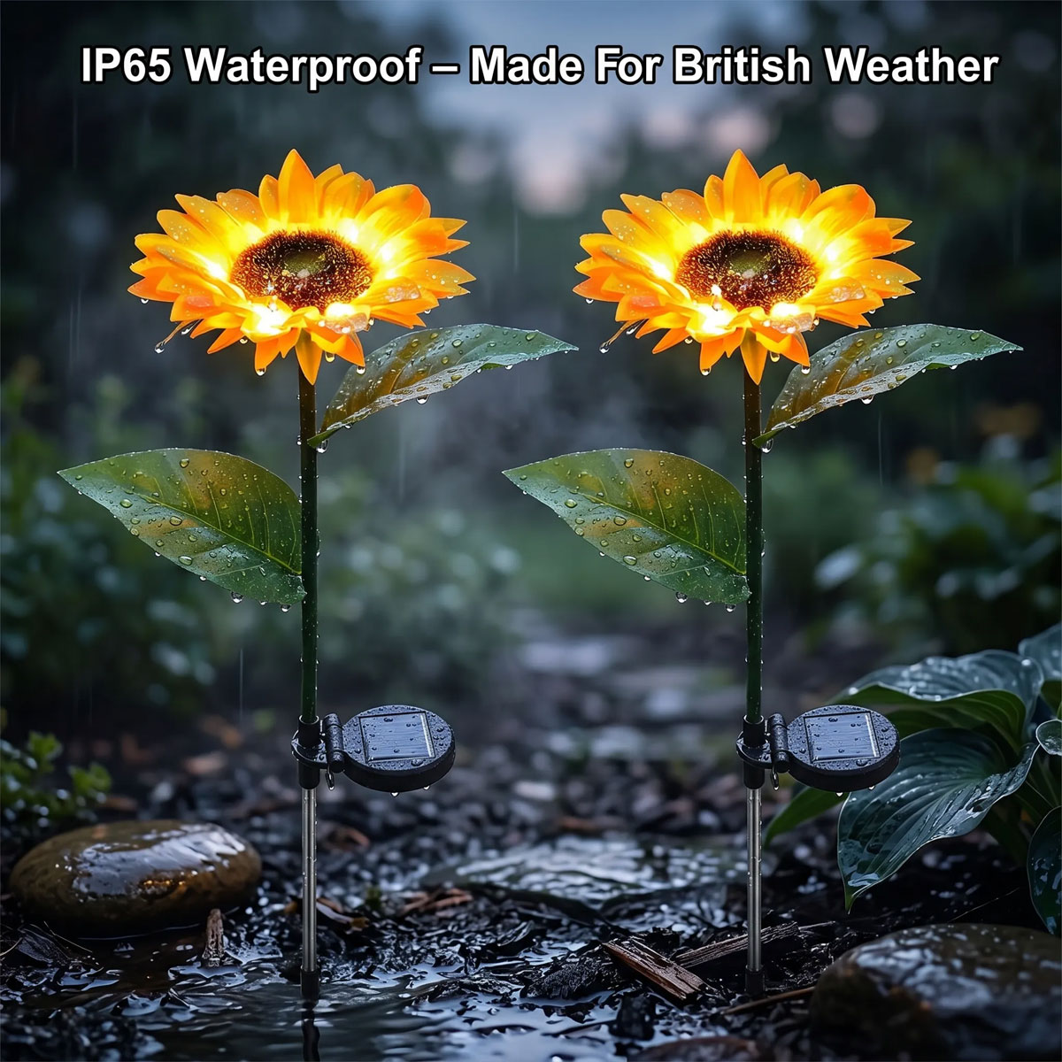2 pack sunflower garden lights in a planted border